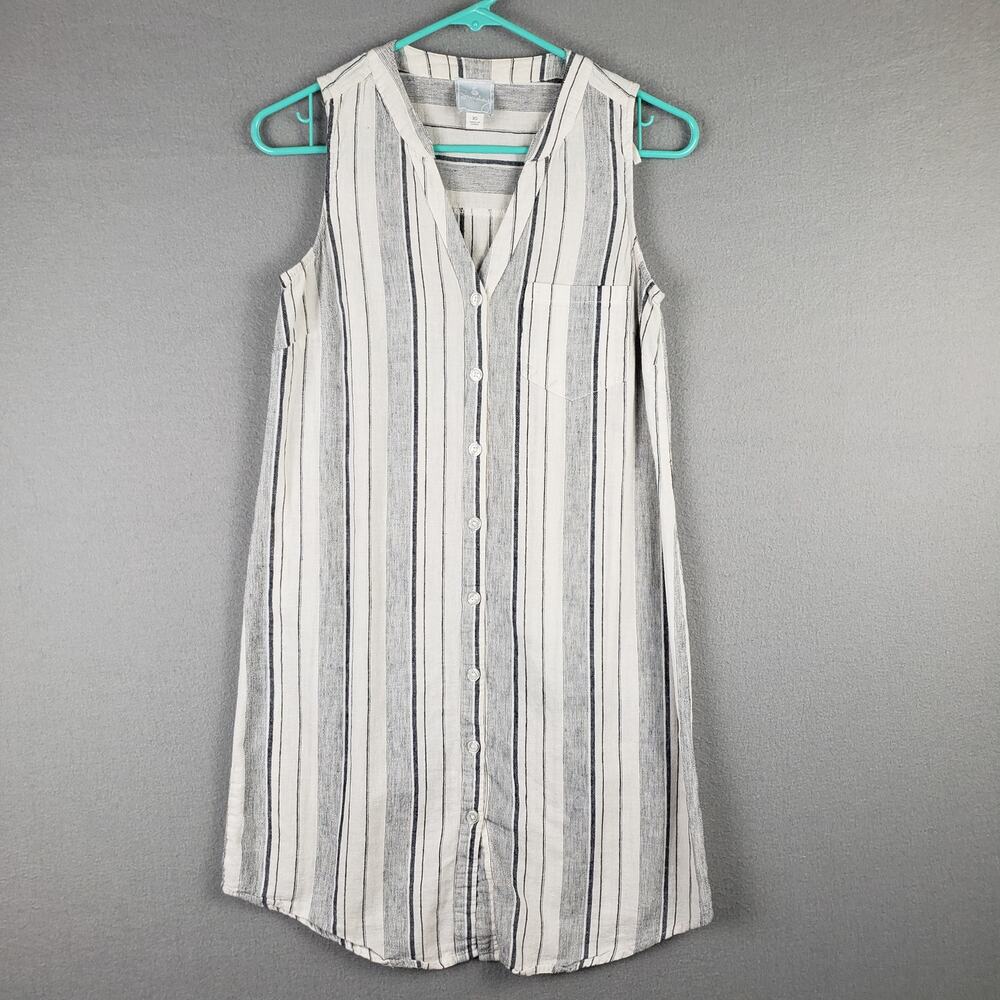 Sunday XS Sleeveless Button Mini Dress White Gray Stripe Nautical Beach‎ Linen